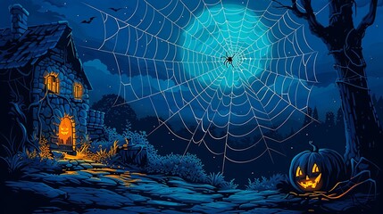 Spider spinning a web in a dark corner of an old haunted house perfect for Halloween-themed illustrations and creepy designs Illustration Flat Color, Clip Art Style , Minimalism,