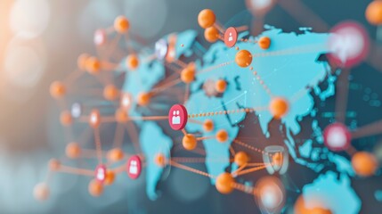 Obraz premium A network of interconnected supply chain nodes represented by digital icons on a global map, emphasizing the complexity and connectivity of logistics networks.