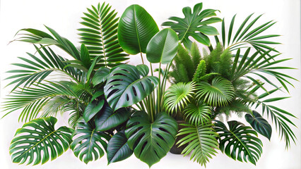 a composition tropical plants  against white background, green foliage, fresh decor, home decor,