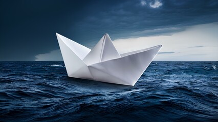 A paper boat at sea during a storm. White paper boat on a sea background. Concept: facing the challenges of life