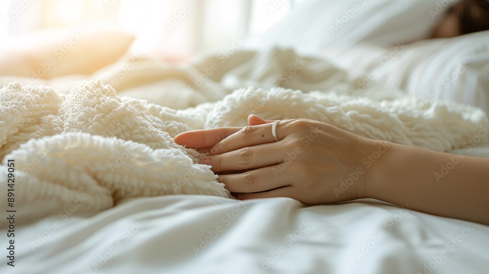 Poster A person using a sleep tracking device to monitor and improve sleep patterns Stock Photo with copy space