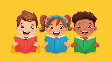 Happy children holding books on a light background. School concept. Cartoon illustration