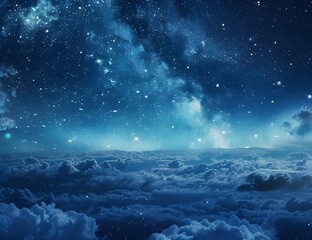 Fototapeta premium Starry sky, night view with a star-studded background, deep blue tones with starlight twinkling in the dark space, distant stars shining brightly, night scene with a mysterious and dreamy atmosphere.