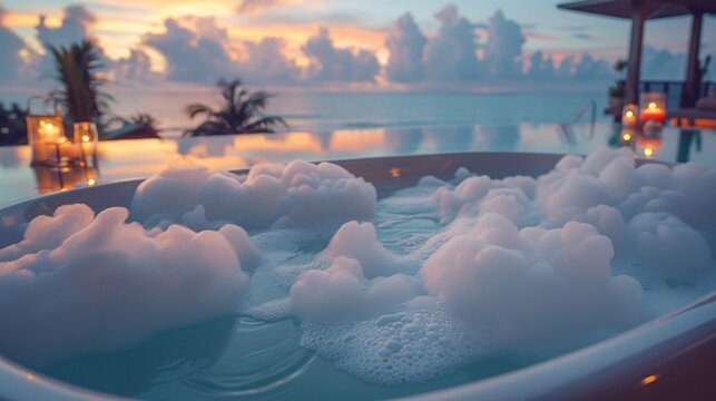 A person taking a warm bath before bed to promote relaxation and better sleep Stock Photo with copy space