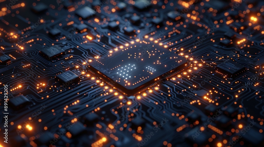 Aufkleber a glowing processor sits nestled amidst a complex circuit board illuminated by a network of vibrant 