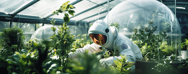Astronaut Tending to Plants in a Greenhouse Environment