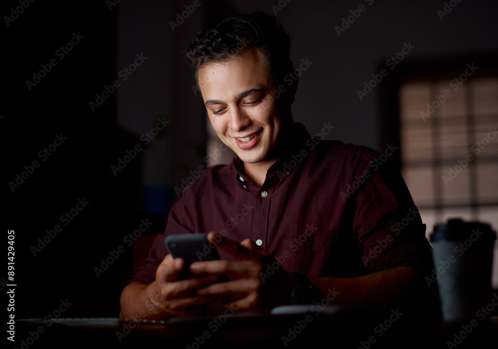 Poster business man, dark and mobile in office for texting contact with communication, network and email al