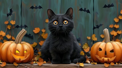 Black cat with glowing eyes sitting on a pumpkin in a spooky setting perfect for Halloween illustrations and festive designs Illustration Flat Color, Clip Art Style , Minimalism,