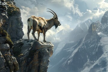A beautiful alpine ibex standing on a rocky cliffside, overlooking a stunning mountain landscape