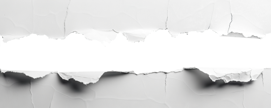 Ragged hole torn horizontally in ripped paper, cut out