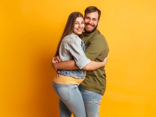 Fototapeta premium A Couple's Joyful Embrace Against a Vibrant Yellow Background