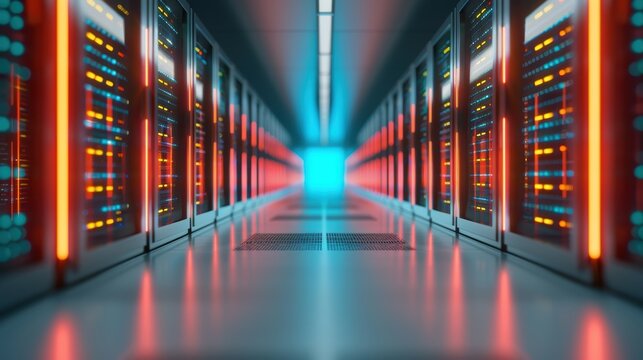 A large database server room with rows of servers processing big data for supply chain optimization and analytics. - Powered by Adobe