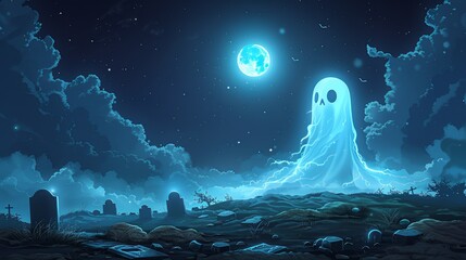 Apparition appearing in a foggy cemetery under the moonlight perfect for spooky Halloween illustrations and ghostly designs Illustration Flat Color, Clip Art Style , Minimalism,