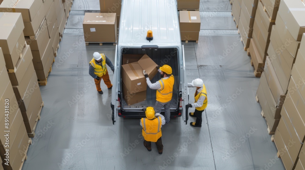 Poster busy workers loading boxes onto a delivery van at a distribution center, generative ai