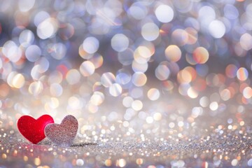 Fototapeta premium Glittering Hearts on a Silver Background With Soft, Romantic Bokeh