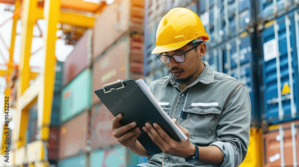 Poster efficient logistics manager conducting inventory check using clipboard, generative ai