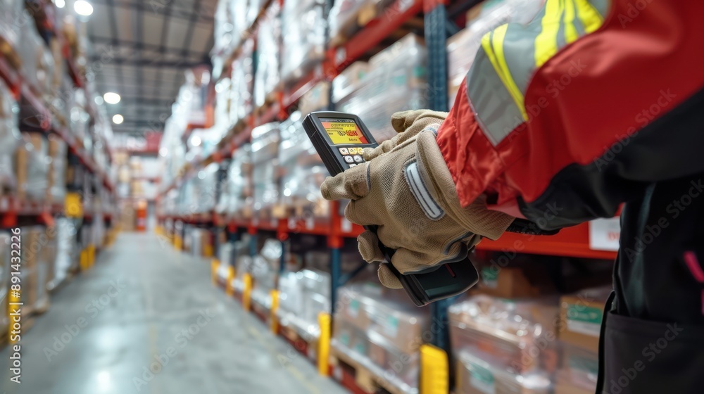 Poster efficient inventory tracking with handheld scanner in warehouse, generative ai