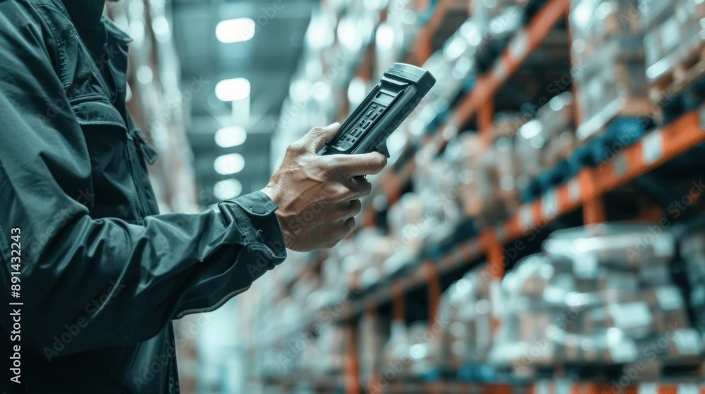 Poster efficient inventory tracking with handheld scanner in warehouse, generative ai