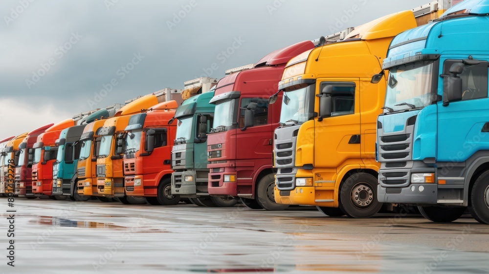 Poster busy day at the logistics hub - trucks lined up for loading at distribution center, generative ai