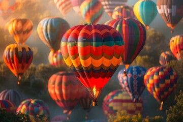Obraz premium A Colorful Display of Hot Air Balloons Soaring in the Morning Light
