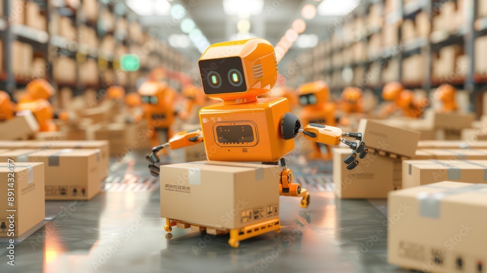 Poster modern industrial warehouse with automated robots sorting packages, generative ai