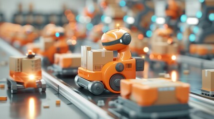 Fototapeta premium Modern Industrial Warehouse with Automated Robots Sorting Packages, Generative Ai
