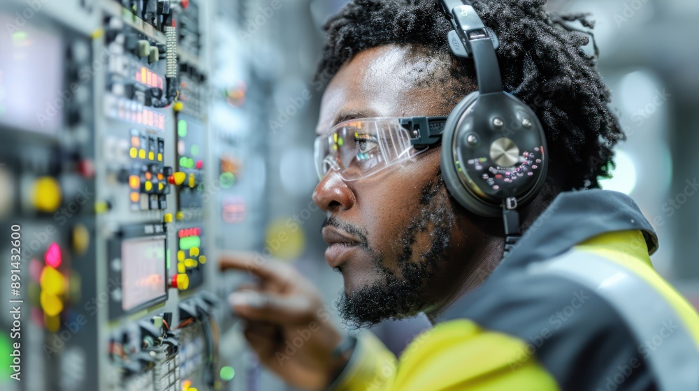 Poster efficient logistics employee in headset checking schedules for smooth operations, generative ai
