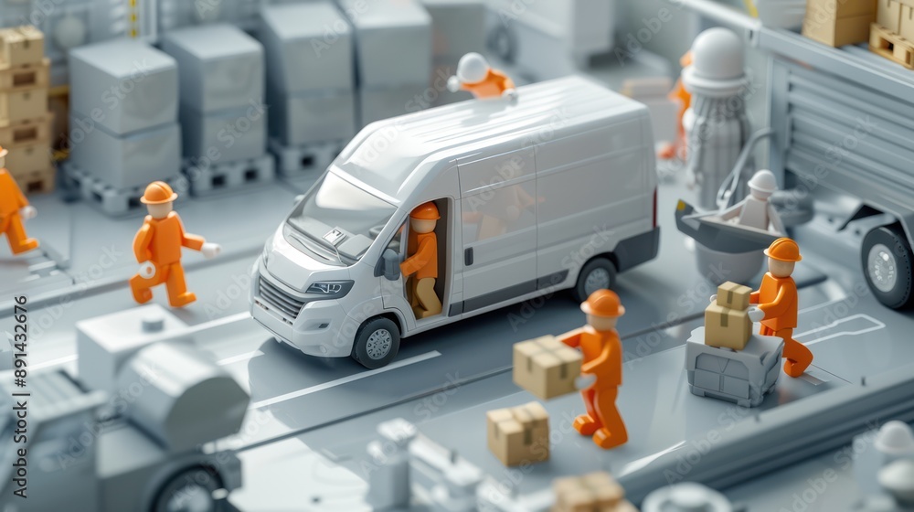 Poster efficient workers loading boxes onto delivery van in modern warehouse - 3d render, generative ai