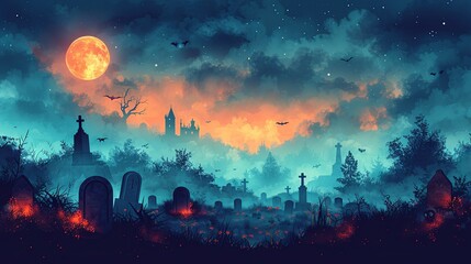 Naklejka premium Eerie fog rolling in over a haunted graveyard creating a chilling atmosphere perfect for Halloween illustrations Illustration Flat Color, Clip Art Style , Minimalism,
