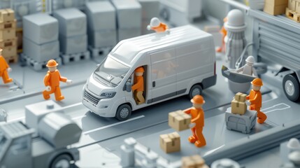 Efficient Workers Loading Boxes onto Delivery Van in Modern Warehouse - 3D Render, Generative Ai
