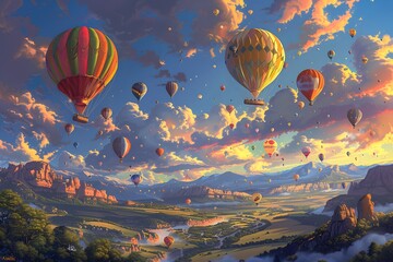 Naklejka premium A Colorful Sky: Hot Air Balloons Soaring Over a Scenic Landscape at Sunset