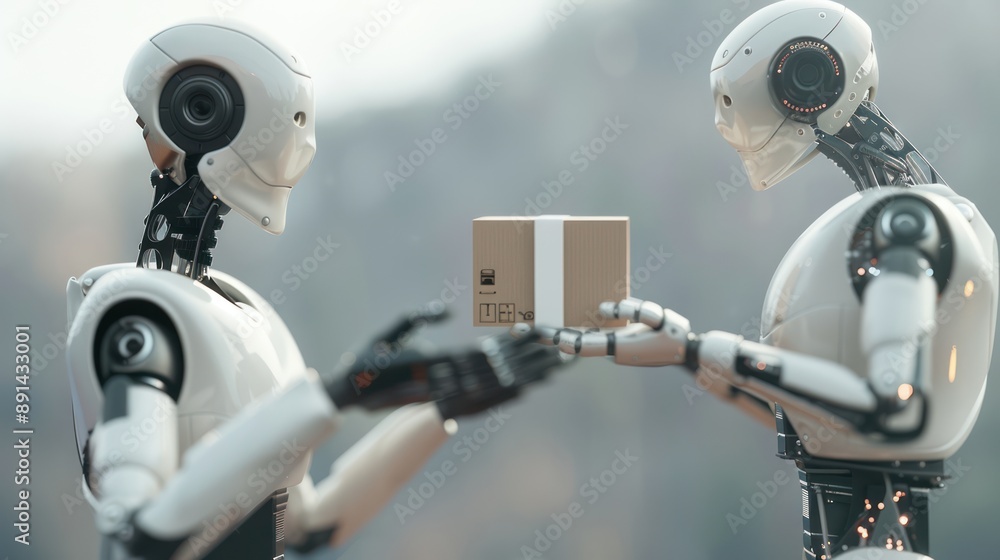 Poster futuristic delivery service: drone delivering package to robot customer - 3d render concept, generat