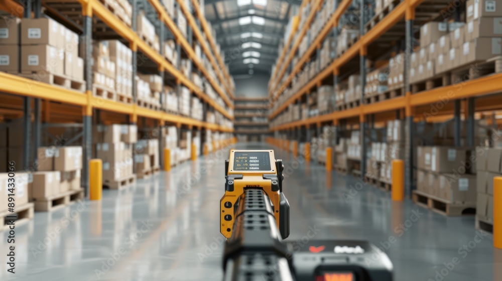 Poster efficient inventory tracking with 3d handheld scanner in high-tech warehouse, generative ai
