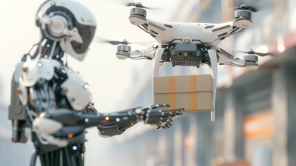 Fototapeta premium Futuristic Delivery Service: 3D Render of Drone Delivering Package to Robot Customer, Generative Ai