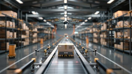 Fototapeta premium Futuristic Interior of Modern Distribution Center with Conveyor Belts and Drones in 3D Render, Generative Ai