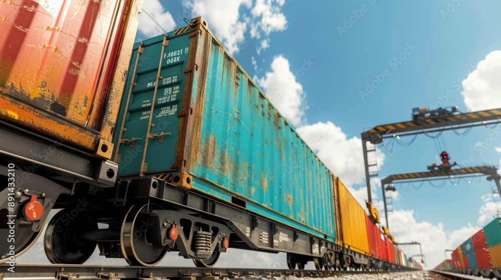 Poster efficient transportation: 3d render of shipping containers loaded onto high-speed freight train, gen