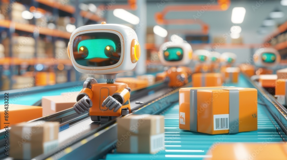 Poster futuristic industrial warehouse automation with robotic package sorting conveyors - 3d render, gener