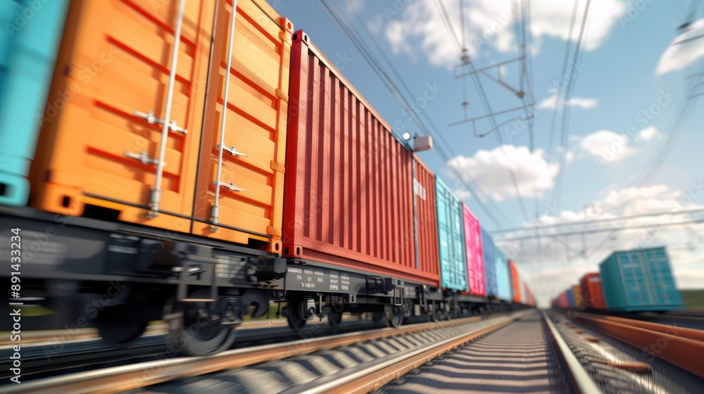 Poster efficient transportation: loading shipping containers onto high-speed freight train in 3d render, ge