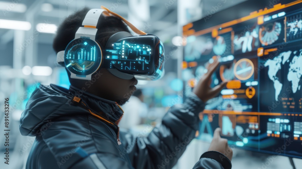 Poster futuristic logistics management: worker in headset checking schedules on holographic screen in 3d re