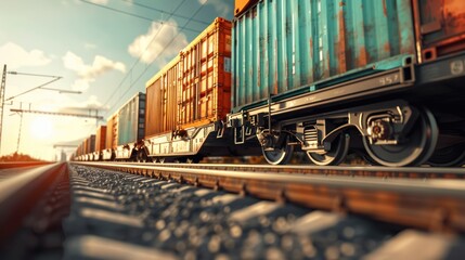 Fototapeta premium Efficient Logistics: Loading Shipping Containers onto High-Speed Freight Train in 3D Render, Generative Ai