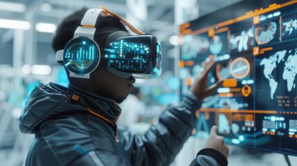 Futuristic Logistics Management: Worker in Headset Checking Schedules on Holographic Screen in 3D Render, Generative Ai