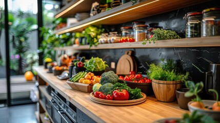 Zero waste lifestyle kitchen, bamboo and recycled materials, fresh organic produce on display