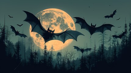 Bats flying through a dark forest with a full moon in the background perfect for Halloween-themed illustrations and eerie designs Illustration Flat Color, Clip Art Style , Minimalism,