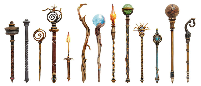 Set of magic wizard staffs with unique tops for magical use, cut out