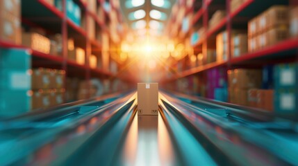 A bustling automated warehouse filled with shelves of neatly organized goods, demonstrating efficient supply management.