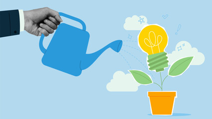 New idea concept. Businessman watering growing idea plant. Business start-up or investment growth. Generation of ideas concept. Vector illustration. Retro poster or banner. Creative trend collage. © Yaran