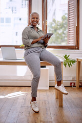 Portrait, black woman and tablet with smile as junior or intern financial advisor for insurance...