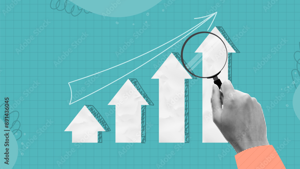 Poster investment and finance analytics concept. halftone hand holds magnifying glass and analyzes the grap