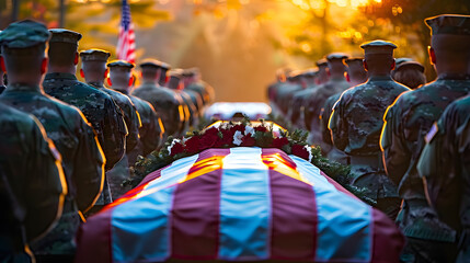 A flag-draped casket borne by a military honor guard amidst a memorial service with a blurred background offering copy space