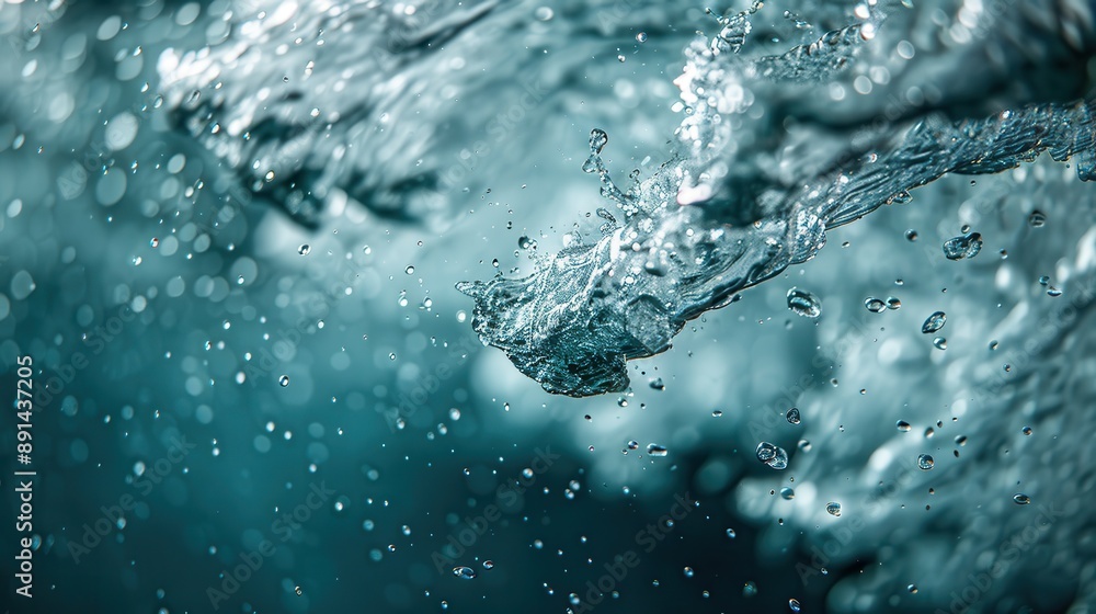 Poster a stunning, close-up view of water splashing and droplets suspended in motion, capturing the fluid d